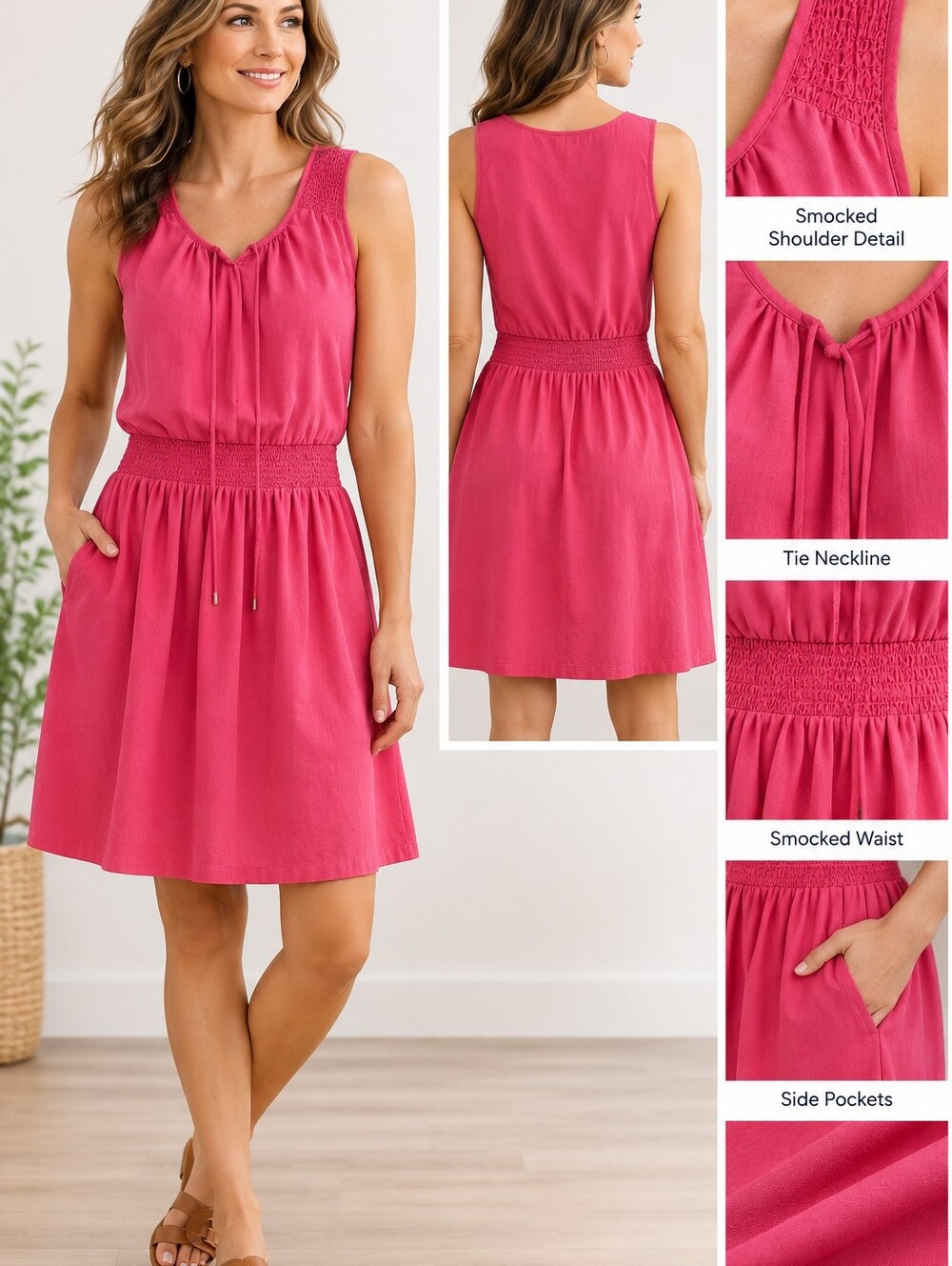 Gap Smocked Waist Tie-Neck Sleeveless Dress - Palm Springs Pink
